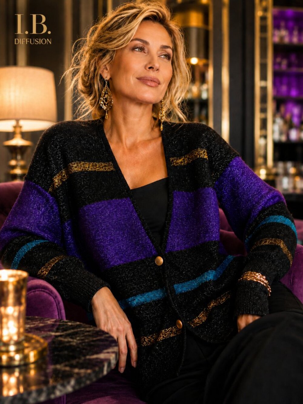 I.B. Diffusion Metallic Lambswool Oversized Cardigan Purple Gold Lurex Knit New